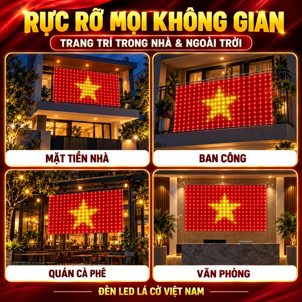 Bốn phối cảnh minh họa cách treo đèn lá cờ
